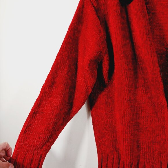 Kelly Scott, Red Zip Front Cardigan W/ Black Faux Fur Collar Size Medium Festive - Picture 7 of 16